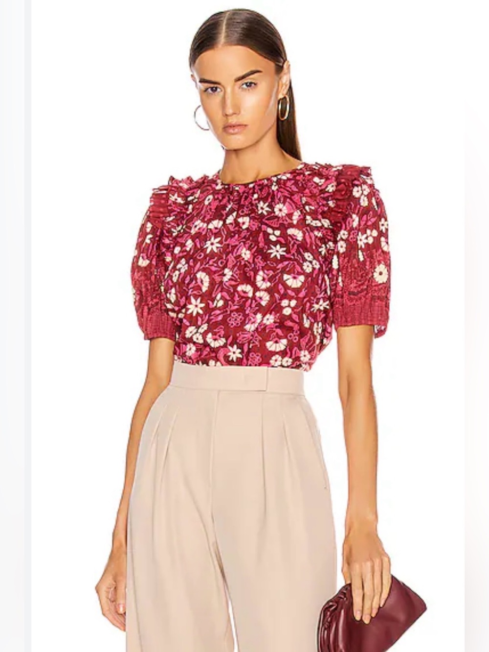 Ulla Johnson Arbor burgundy floral print ruffled sleeve top size 10